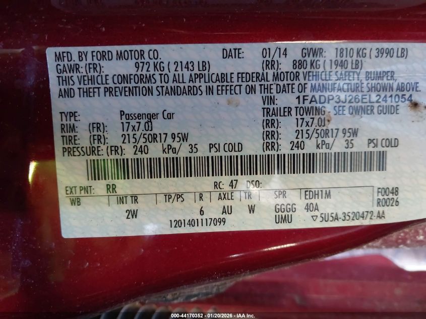 2014 Ford Focus Titanium VIN: 1FADP3J26EL241054 Lot: 44170352