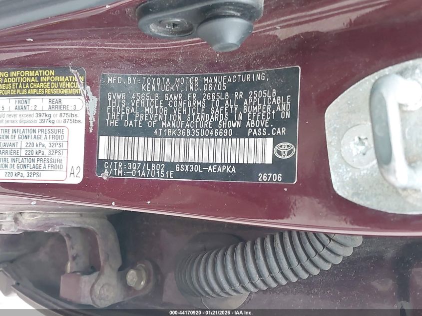 2005 Toyota Avalon Limited VIN: 4T1BK36B35U046690 Lot: 44170920