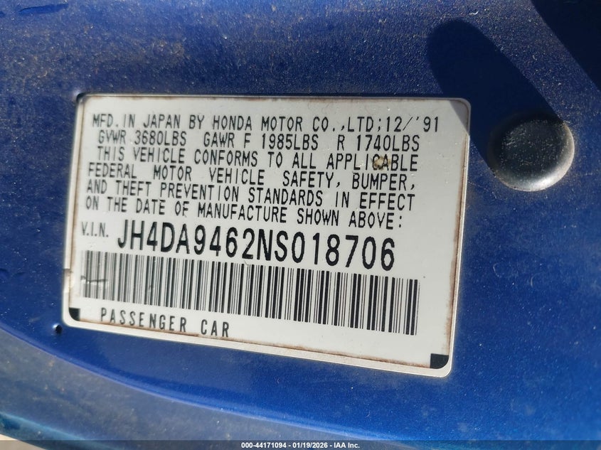 1992 Acura Integra Gs VIN: JH4DA9462NS018706 Lot: 44171094