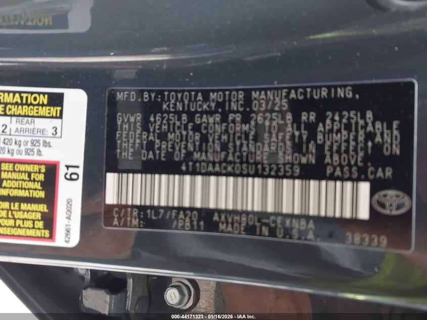 VIN 4T1DAACK0SU132359 2025 TOYOTA CAMRY LE