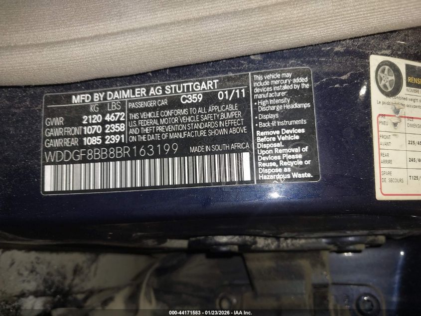2011 Mercedes-Benz C 300 Luxury 4Matic/Sport 4Matic VIN: WDDGF8BB8BR163199 Lot: 44171583