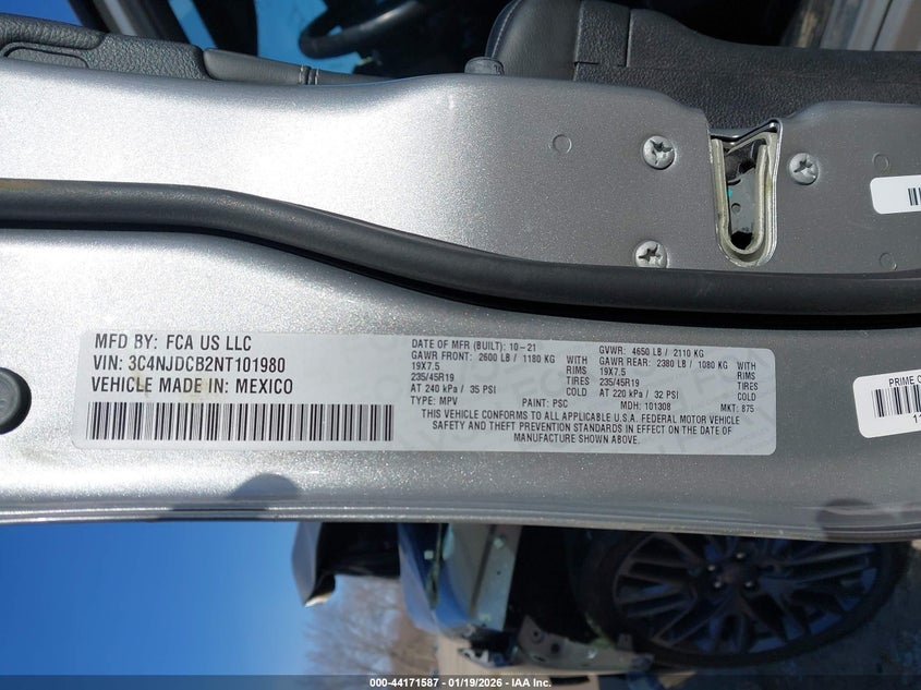 2022 Jeep Compass High Altitude 4X4 VIN: 3C4NJDCB2NT101980 Lot: 44171587