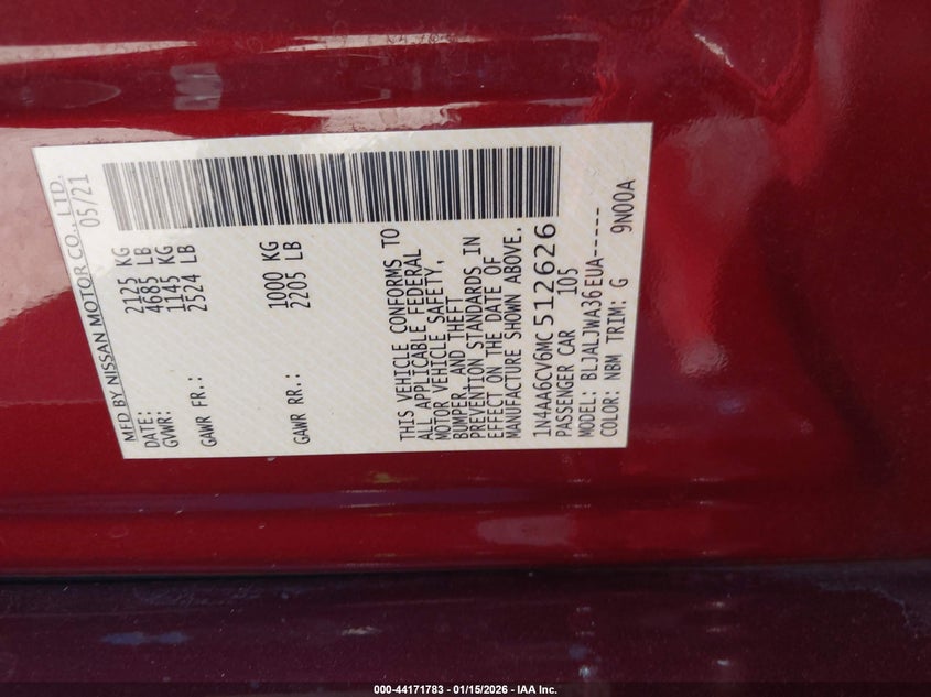 2021 Nissan Maxima Sv Xtronic Cvt VIN: 1N4AA6CV6MC512626 Lot: 44171783