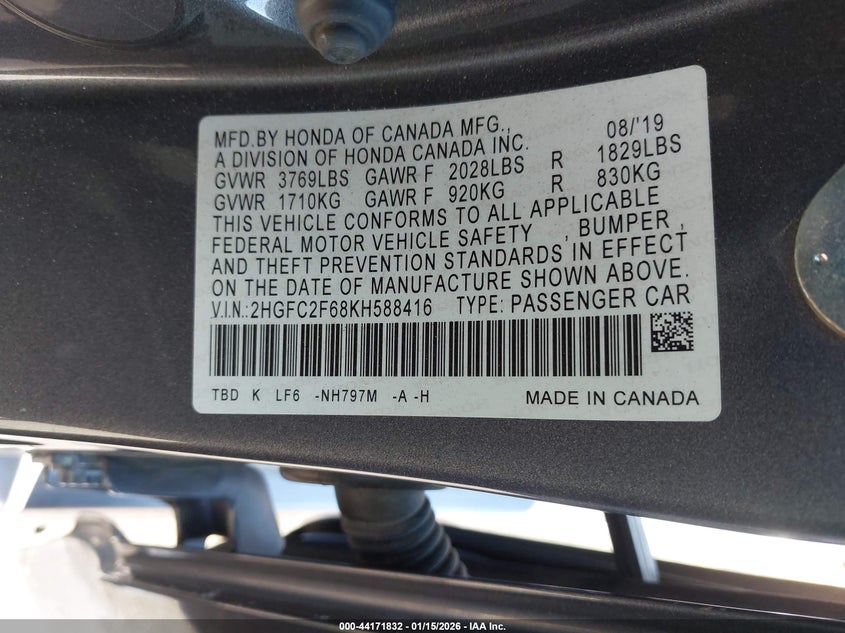 2019 Honda Civic Lx VIN: 2HGFC2F68KH588416 Lot: 44171832