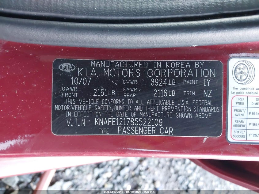 2008 Kia Spectra Ex VIN: KNAFE121785522109 Lot: 44172018