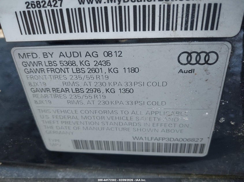 2013 Audi Q5 2.0T Premium VIN: WA1LFAFP3DA006827 Lot: 44172382