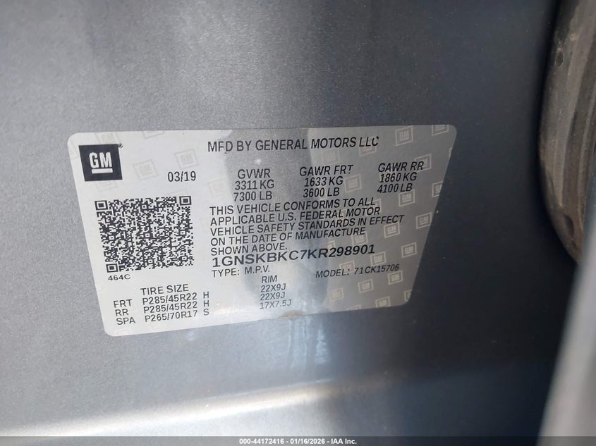 2019 Chevrolet Tahoe Lt VIN: 1GNSKBKC7KR298901 Lot: 44172416