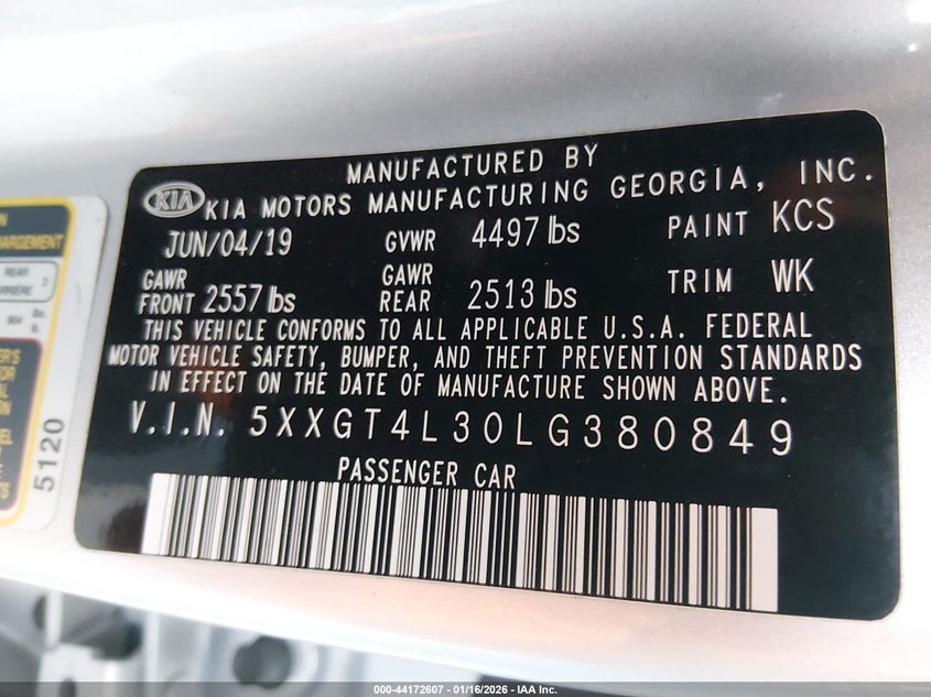 2020 Kia Optima Lx VIN: 5XXGT4L30LG380849 Lot: 44172607