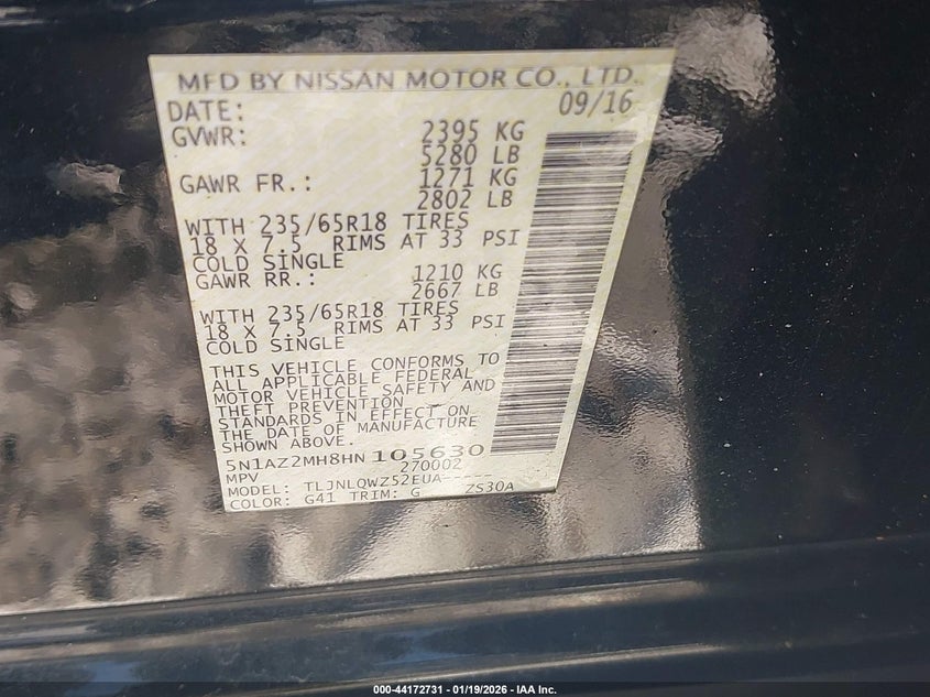 2017 Nissan Murano Platinum/S/Sl/Sv VIN: 5N1AZ2MH8HN105630 Lot: 44172731