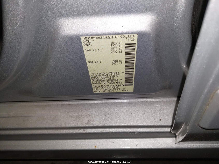 VIN 1N4AL3AP7HN330540 2017 NISSAN ALTIMA 2.5 S