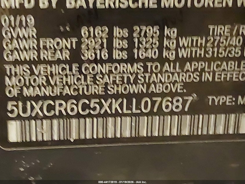 2019 BMW X5 xDrive40I VIN: 5UXCR6C5XKLL07687 Lot: 44172819