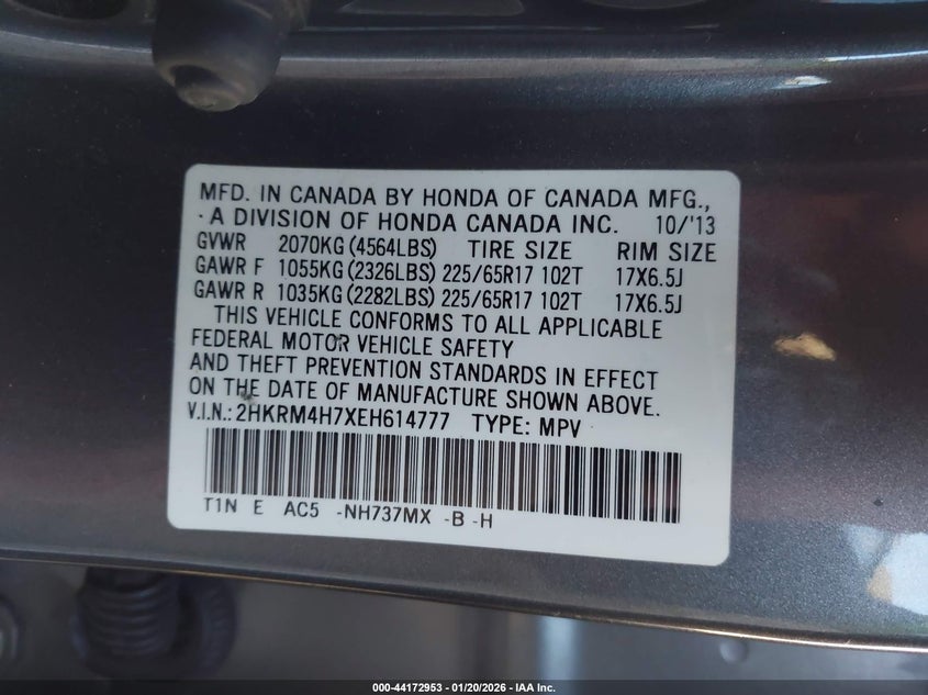 2014 Honda Cr-V Ex-L VIN: 2HKRM4H7XEH614777 Lot: 44172953