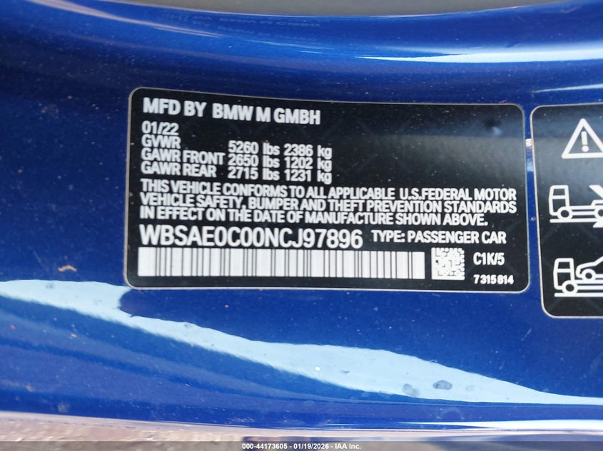 2022 BMW M8 Competition VIN: WBSAE0C00NCJ97896 Lot: 44173605