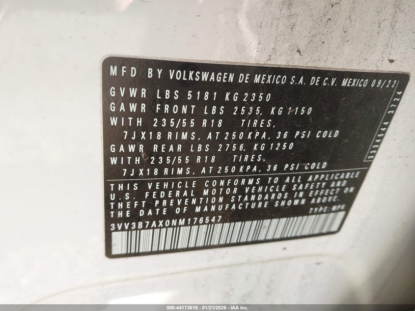 VIN 3VV3B7AX0NM176547 2022 VOLKSWAGEN TIGUAN 2.0T SE