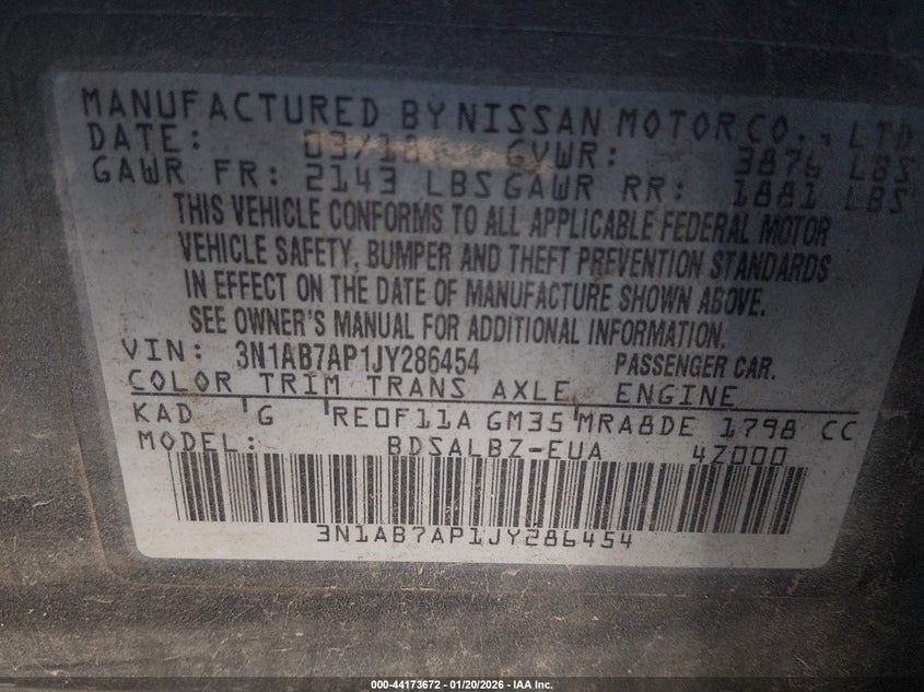 VIN 3N1AB7AP1JY286454 2018 NISSAN SENTRA S