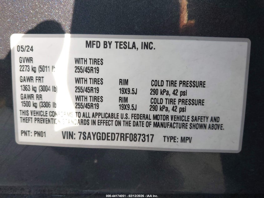 TESL MODEL Y RWD 2024 VIN 7SAYGDED7RF087317