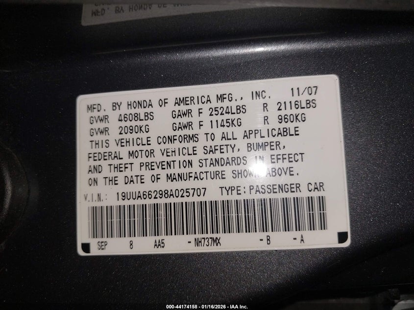 2008 Acura Tl 3.2 VIN: 19UUA66298A025707 Lot: 44174158