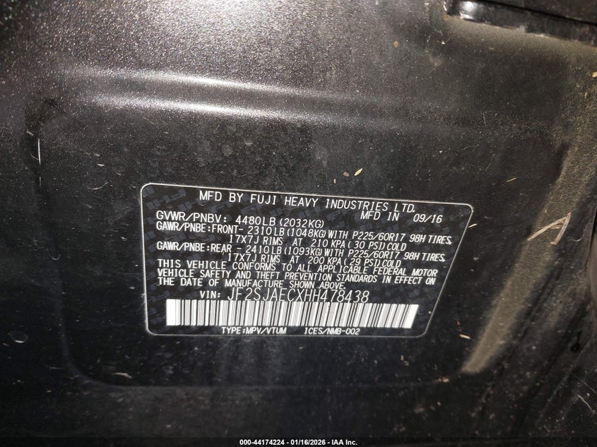 2017 Subaru Forester 2.5I Premium VIN: JF2SJAECXHH478438 Lot: 44174224