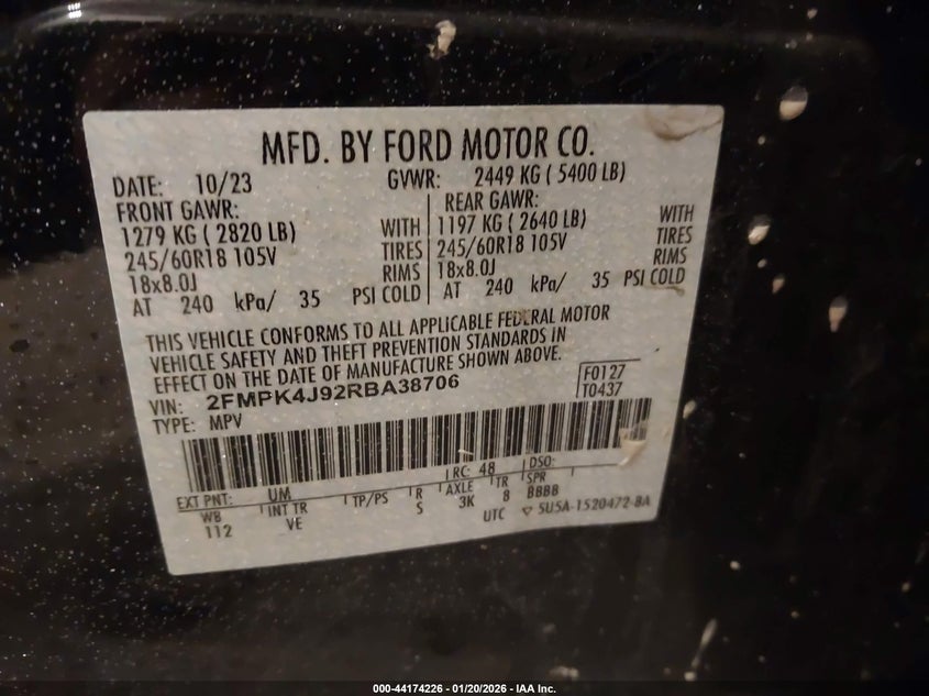 2024 Ford Edge Sel VIN: 2FMPK4J92RBA38706 Lot: 44174226