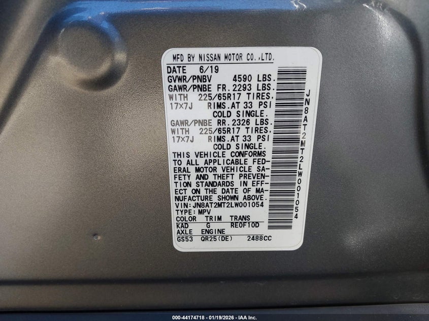 VIN JN8AT2MT2LW001054 2020 NISSAN ROGUE S FWD