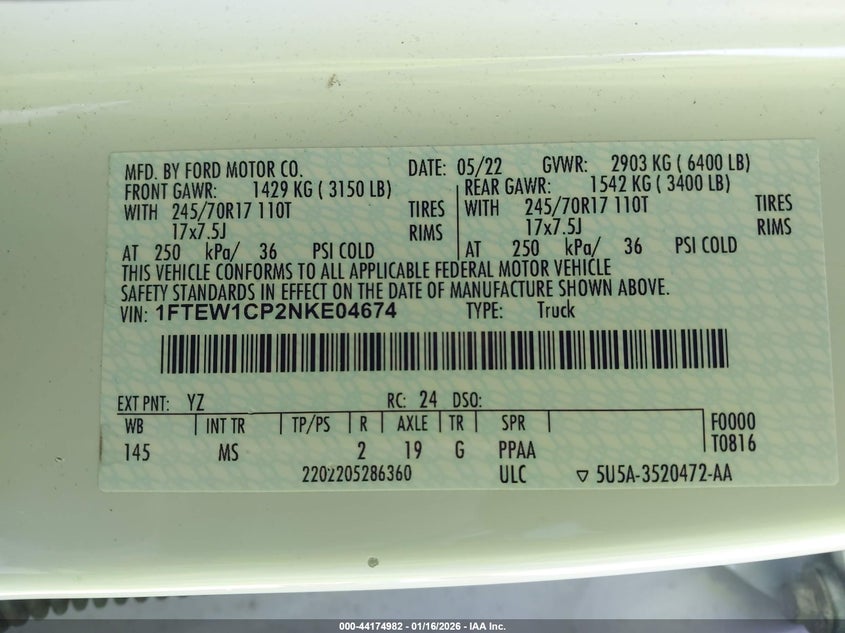 VIN 1FTEW1CP2NKE04674 2022 FORD F-150 XLT