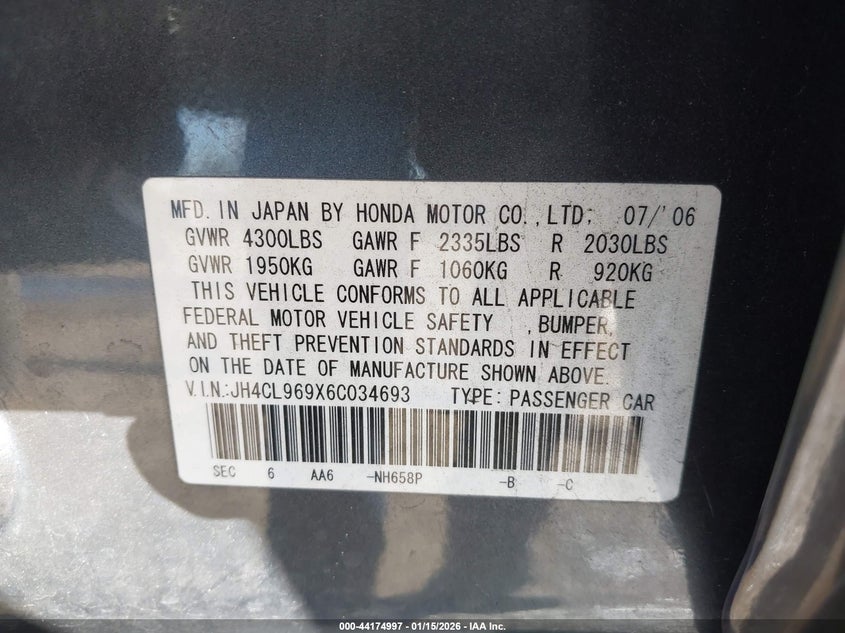 2006 Acura Tsx VIN: JH4CL969X6C034693 Lot: 44174997