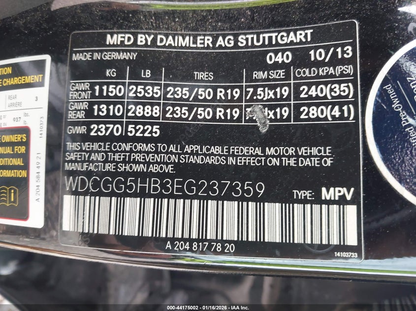 2014 Mercedes-Benz Glk 350 VIN: WDCGG5HB3EG237359 Lot: 44175002