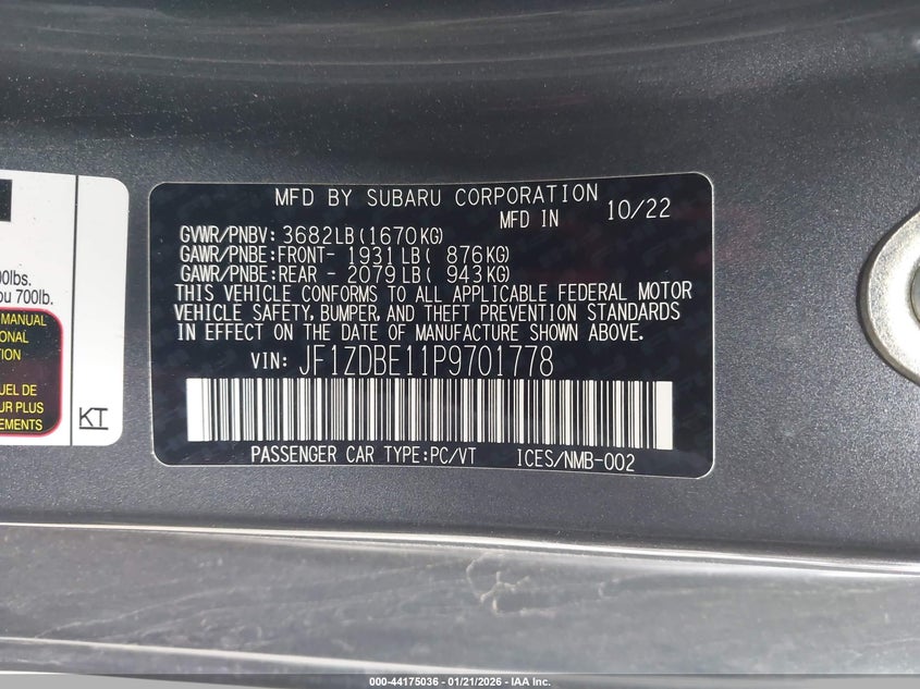 2023 Subaru Brz Limited VIN: JF1ZDBE11P9701778 Lot: 44175036