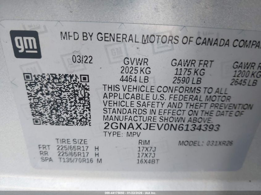 2022 Chevrolet Equinox Fwd 2Fl VIN: 2GNAXJEV0N6134393 Lot: 44175050