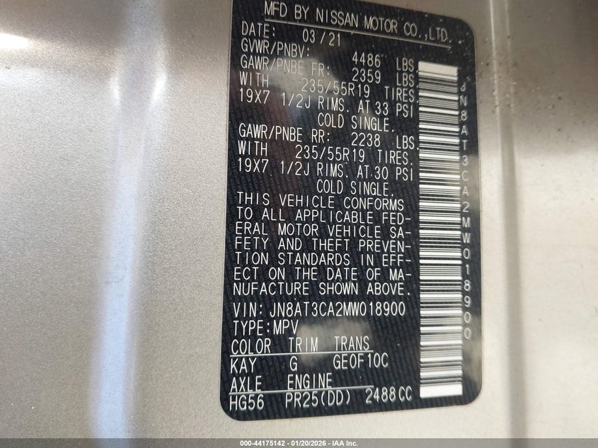 VIN JN8AT3CA2MW018900 2021 NISSAN ROGUE SL FWD