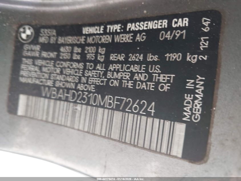 1991 BMW 535 I Automatic VIN: WBAHD2310MBF72624 Lot: 44175474
