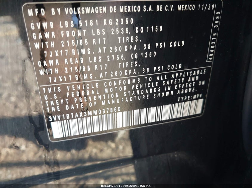 VIN 3VV1B7AX3MM037860 2021 VOLKSWAGEN TIGUAN 2.0T S