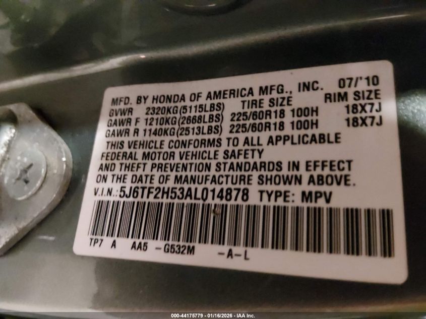 2010 Honda Accord Crosstour Ex-L VIN: 5J6TF2H53AL014878 Lot: 44175779