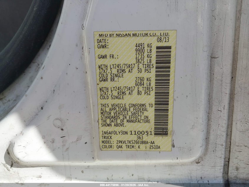 2013 Nissan Nv Cargo Nv3500 Hd Sv V8 VIN: 1N6AF0LY3DN110051 Lot: 44175896