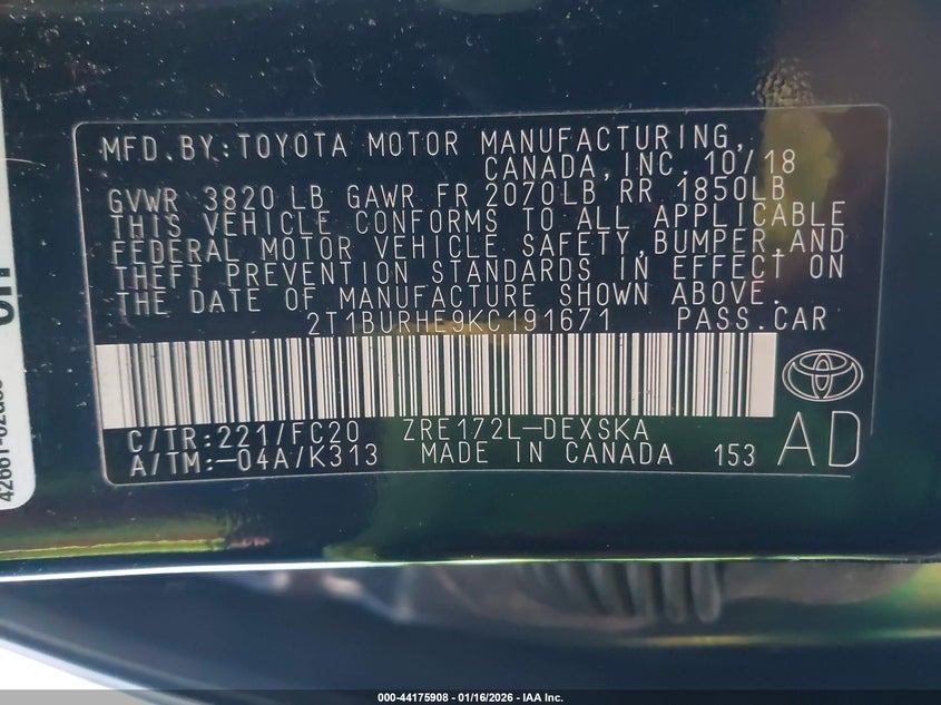 VIN 2T1BURHE9KC191671 2019 TOYOTA COROLLA SE