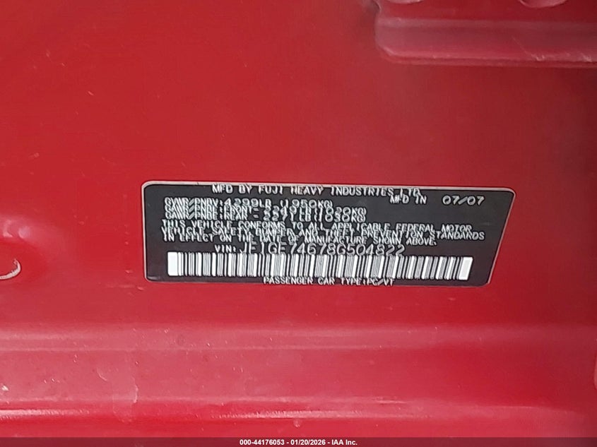 2008 Subaru Impreza Wrx VIN: JF1GE74678G504822 Lot: 44176053