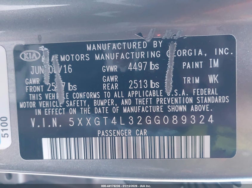 2016 Kia Optima Lx VIN: 5XXGT4L32GG089324 Lot: 44176236