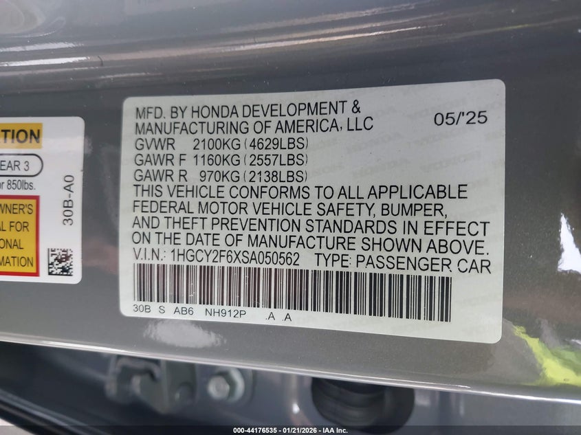 VIN 1HGCY2F6XSA050562 2025 HONDA ACCORD HYBRID EX-L