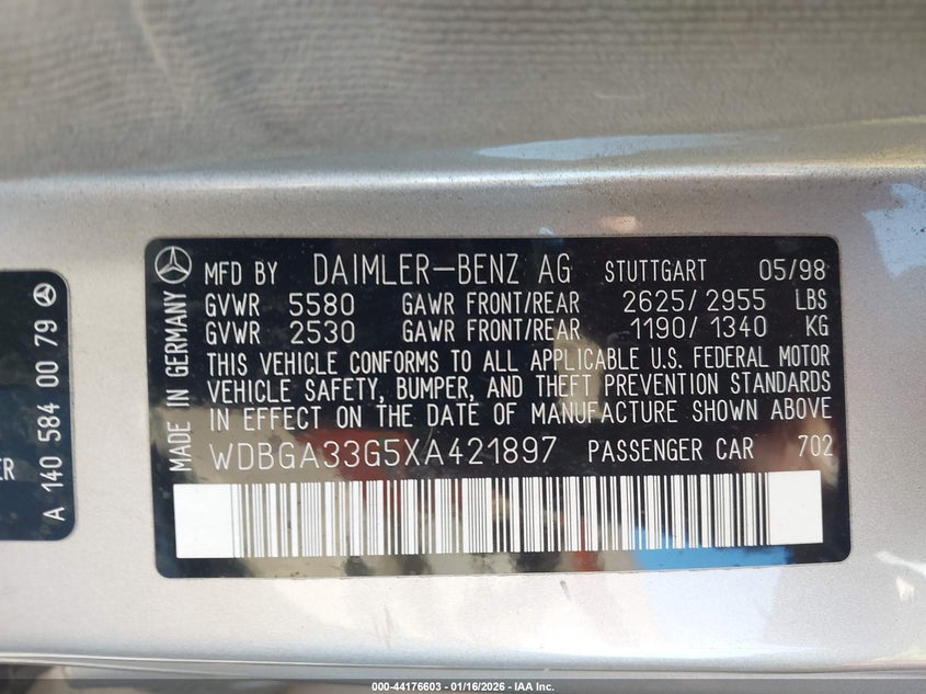 1999 Mercedes-Benz S 320 VIN: WDBGA33G5XA421897 Lot: 44176603