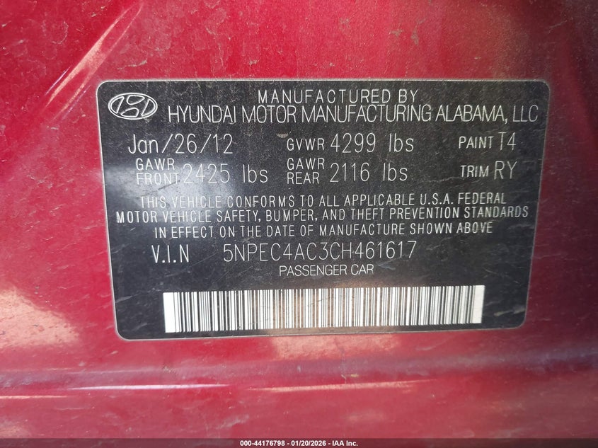 2012 Hyundai Sonata 2.4 Se red Lot 111044176798 Vin 5NPEC4AC3CH461617