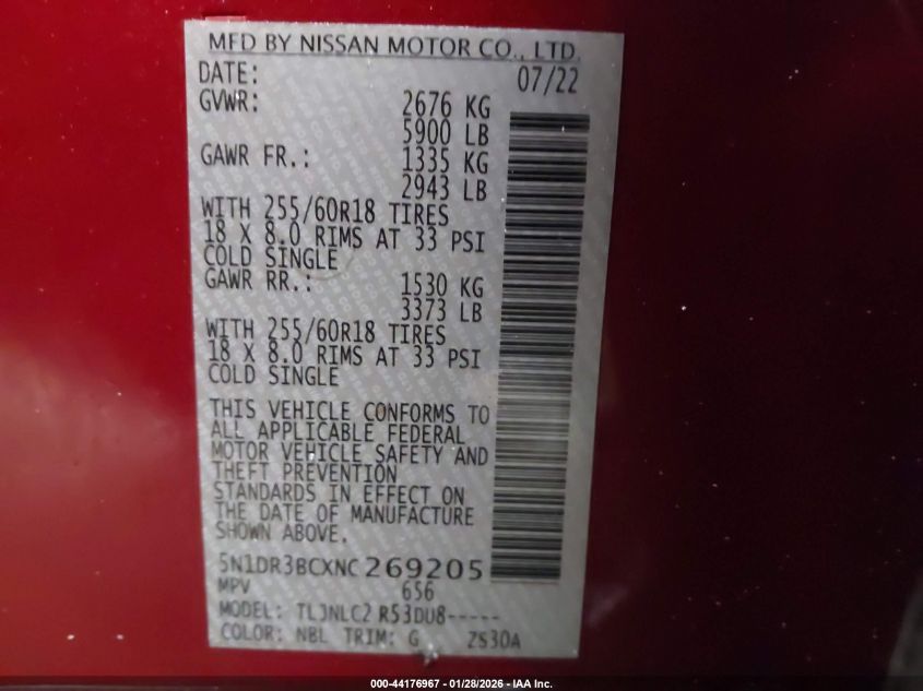 2022 Nissan Pathfinder Sv 4Wd VIN: 5N1DR3BCXNC269205 Lot: 44176967