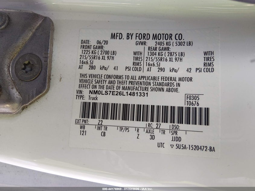 VIN NM0LS7E26L1481331 2020 FORD TRANSIT CONNECT XL