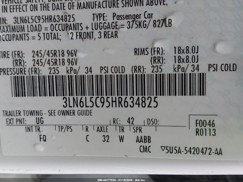 2017 Lincoln Mkz Select VIN: 3LN6L5C95HR634825 Lot: 44177538