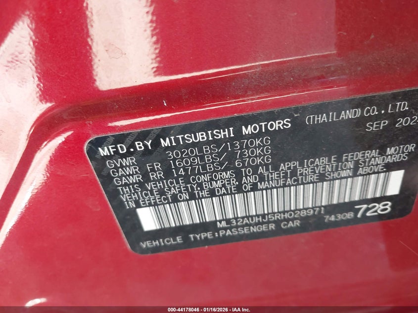 VIN ML32AUHJ5RH028971 2024 MITSUBISHI MIRAGE ES/LE