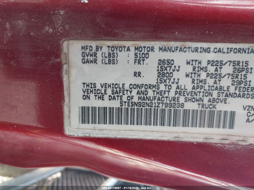 2001 Toyota Tacoma Prerunner V6 VIN: 5TESN92N21Z799238 Lot: 44178097