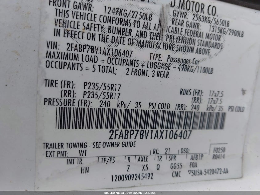 2010 Ford Crown Victoria Police/Police Interceptor VIN: 2FABP7BV1AX106407 Lot: 44178363