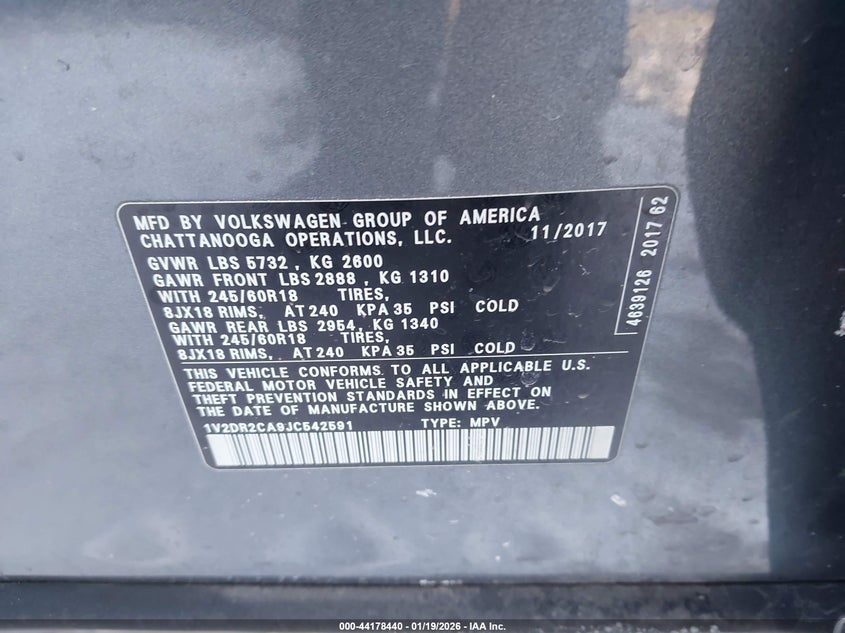 VIN 1V2DR2CA9JC542591 2018 VOLKSWAGEN ATLAS 3.6L V6 SE/3.6L V6 SE W/TECHNOLOGY
