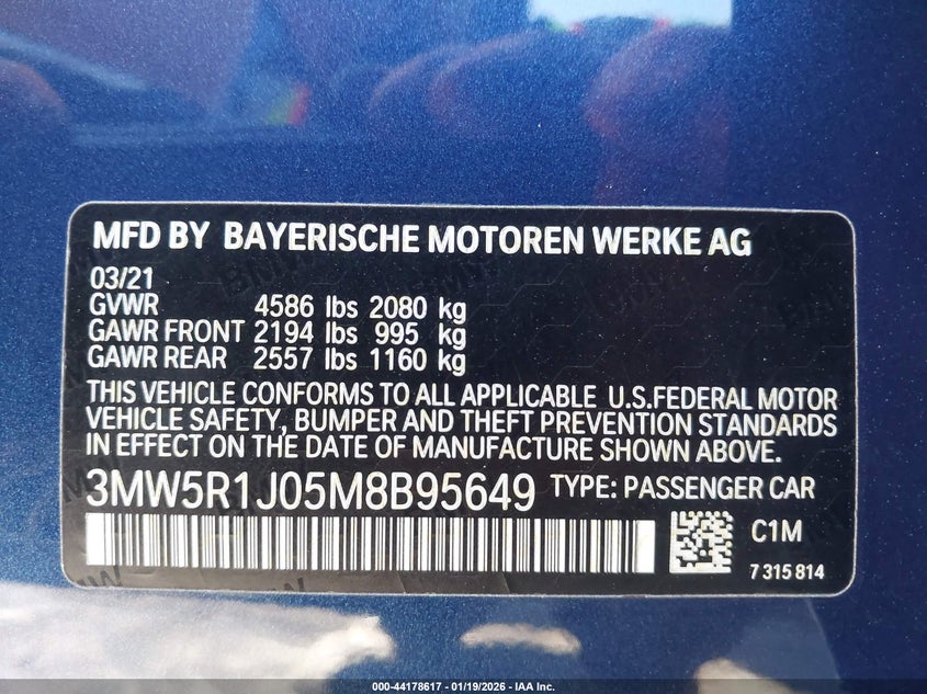 2021 BMW 330I VIN: 3MW5R1J05M8B95649 Lot: 44178617