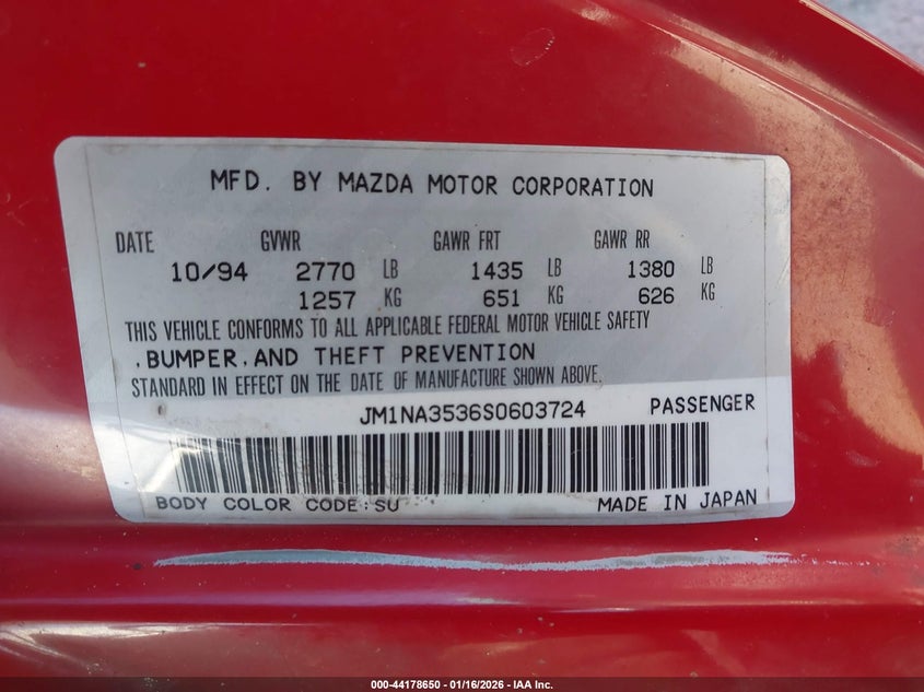 1995 Mazda Mx-5 Miata VIN: JM1NA3536S0603724 Lot: 44178650