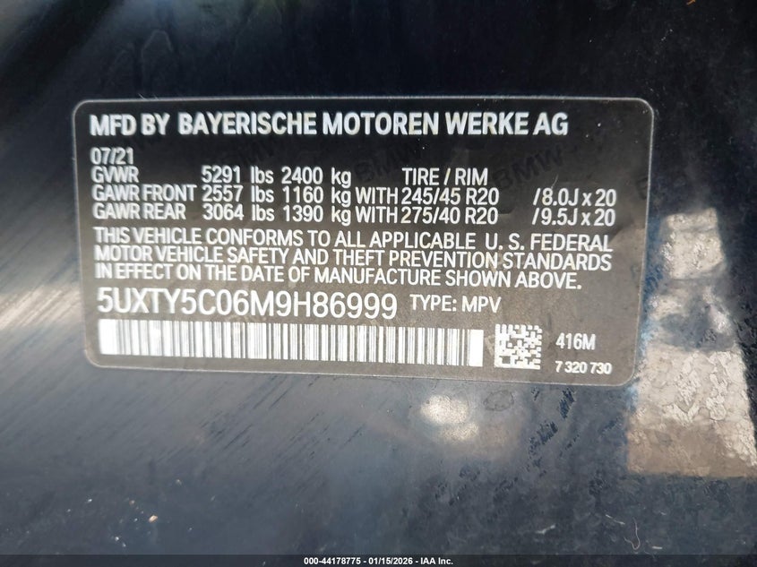 2021 BMW X3 xDrive30I VIN: 5UXTY5C06M9H86999 Lot: 44178775